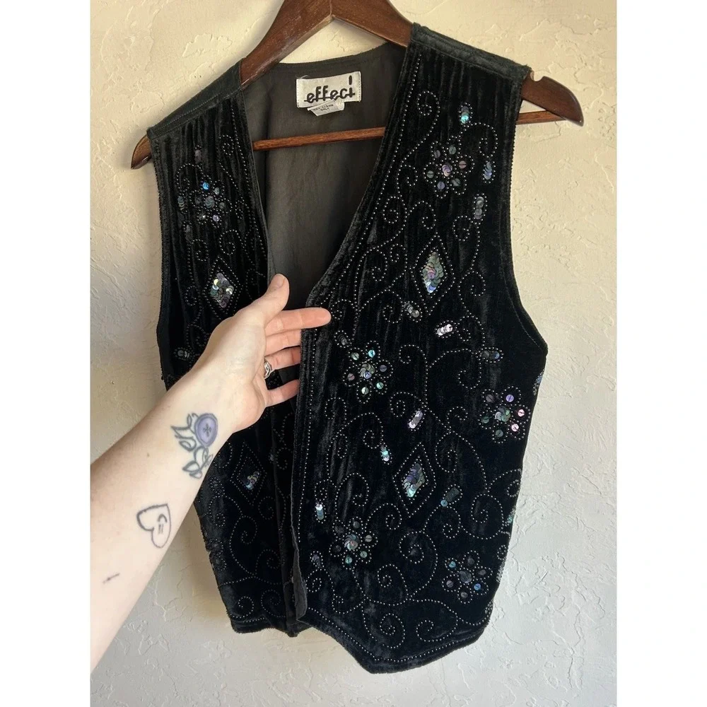 Vintage 90s Effeci Beaded Sequin Velvet Vest M‎ Whimsigoth Black Fairy Witchy